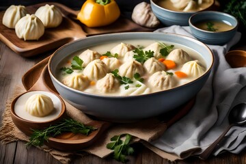 A bowl of creamy and comforting chicken and dumpling soup with fluffy dumplings - AI Generative