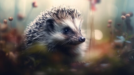 Fototapeta premium A hedgehog walking through a field of flowers