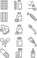 Pixel perfect icon set about medicine dosage forms container, medicament, painkiller pills drugs, bottle, capsule. Thin line icons, flat vector illustrations, isolated on white, transparent background