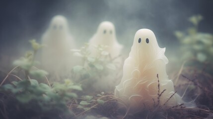 A group of ghost like figures standing in the grass - obrazy, fototapety, plakaty