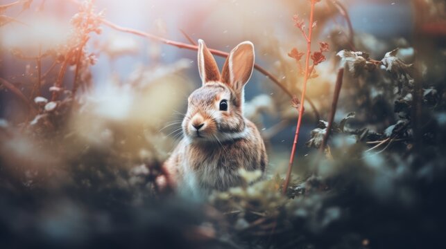 Fototapeta A rabbit sitting in the middle of a forest