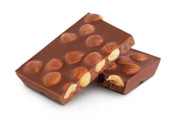 Chocolate with hazelnuts isolated on white background with full depth of field.