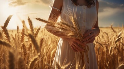 A woman standing in a wheat field holding a stalk of wheat