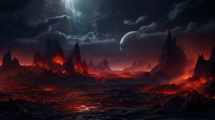 An alien landscape with lava, rocks, and a moon