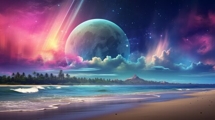 A painting of a beach with a sky full of stars
