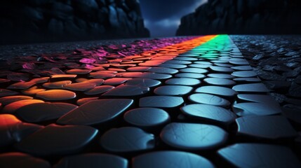 A rainbow colored line of rocks in the middle of a road