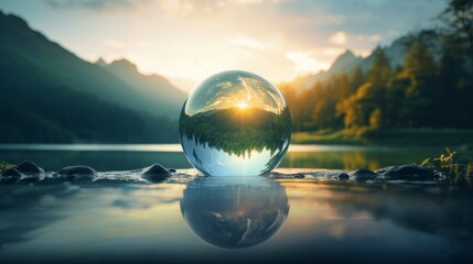 A crystal ball sitting on top of a lake - obrazy, fototapety, plakaty