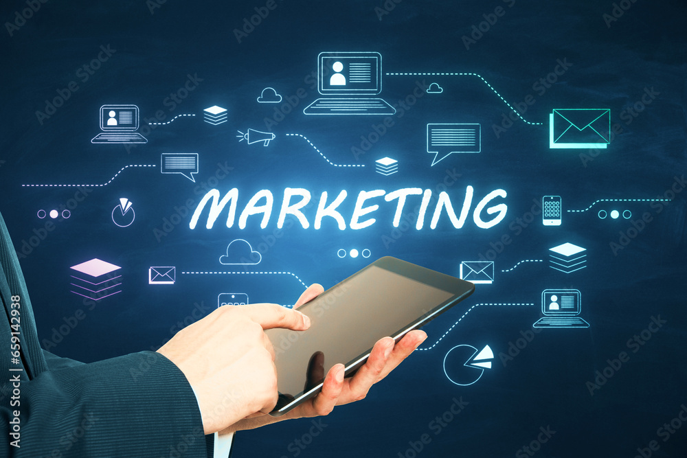 Poster close up of businessman hand pointing at smartphone with creative marketing sketch on dark backgroun
