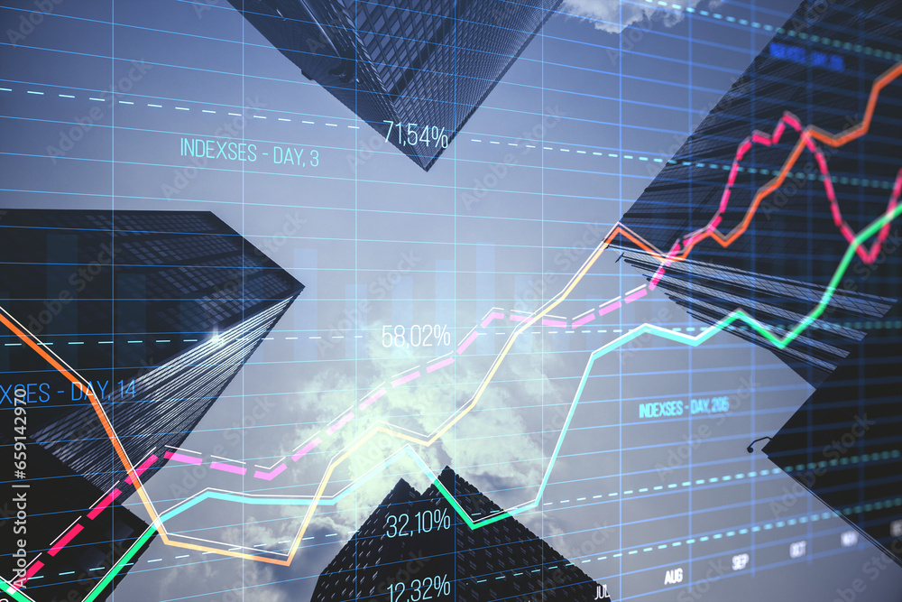 Poster Abstract creative business graph with index and grid on blurry city texture with skyscrapers. Stock market and financial statistics concept. Double exposure.
