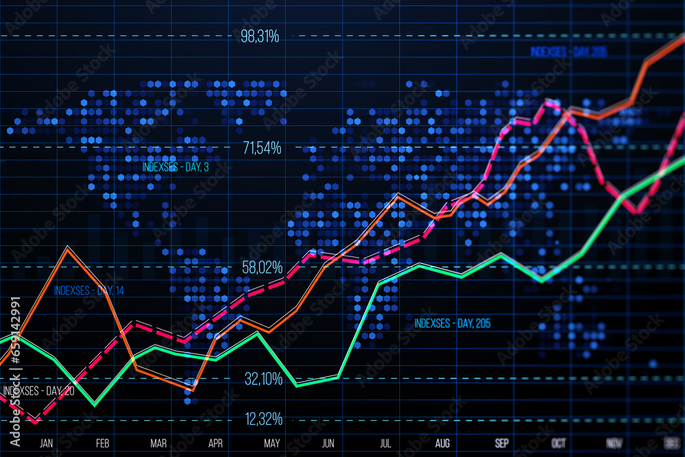 Poster Creative business graph with index, map and grid on dark background. Stock market and financial statistics concept. 3D Rendering.