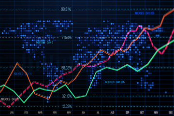 Creative business graph with index, map and grid on dark background. Stock market and financial statistics concept. 3D Rendering.