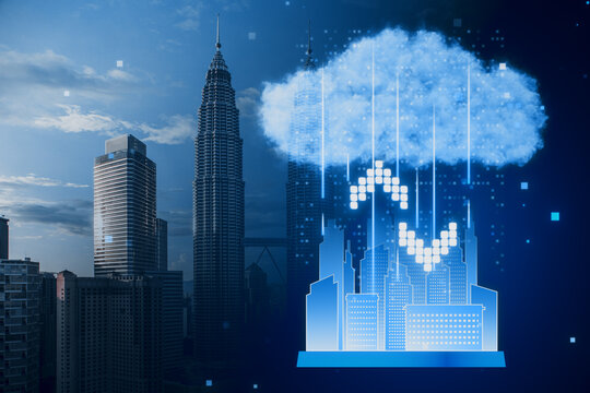 Cloud computing concept. Smart city wireless internet communication with cloud storage, cloud services. Download, upload data on server. Hologram on blurry city buildings background. Double exposure.