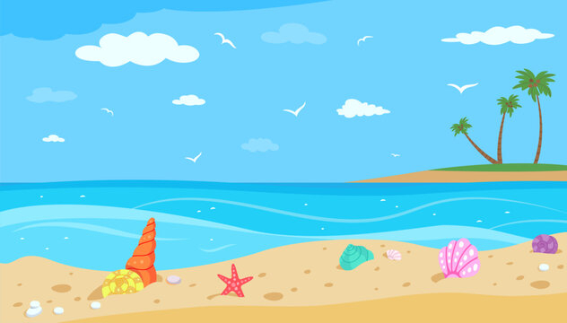 Shells on beach. Ocean landscape, travel or vacation banner. Illustration with sea, clouds and shell on sand, island with palms. Nature nowaday vector scene