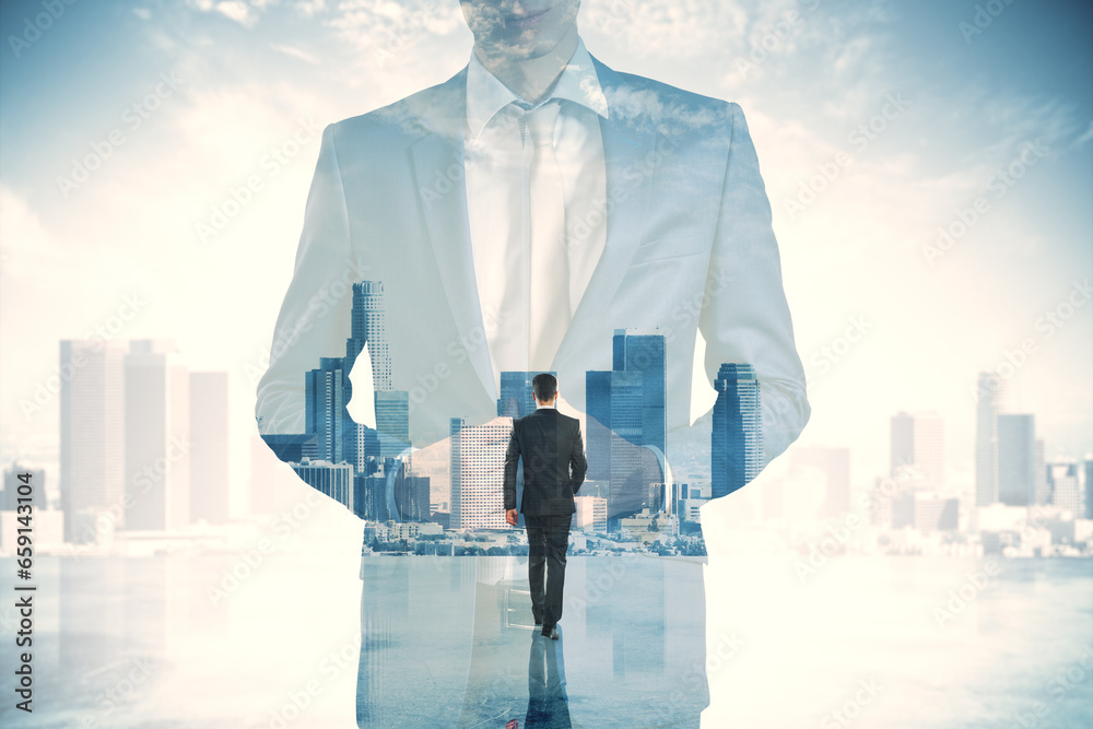 Poster young businessman standing on white bright city background with mock up place. future, success and c