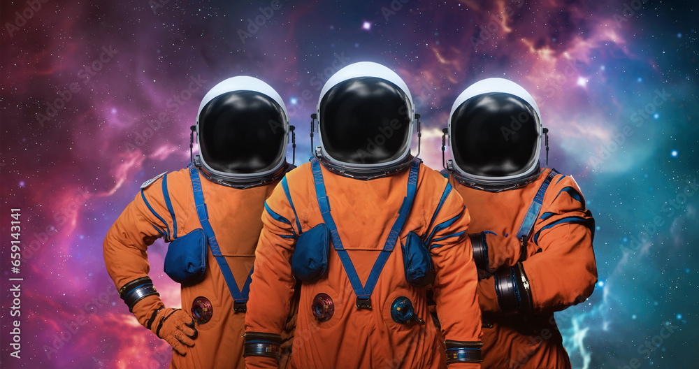 Poster Group of astronauts in space background. Astronaut crew in space. Spaceman mission. Elements of this image furnished by NASA