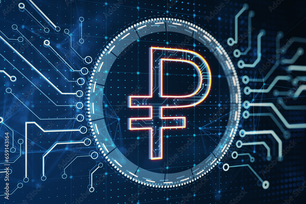 Poster creative digital circular ruble hologram with circuit lines on blurry blue background. digital money