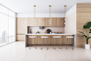 Modern wooden kitchen interior with furniture and panoramic window with city view and daylight. 3D...