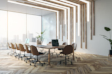Modern blurry office interior. Blur and open space concept. 3D Rendering.
