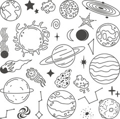 Doodle planets, space sketch planet and stars. Astronomy icons, abstract sun, moon and earth. Solar system, celestial neoteric vector set