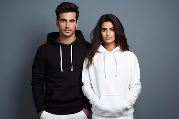 Man and woman wearing mock up white and black hoodies
