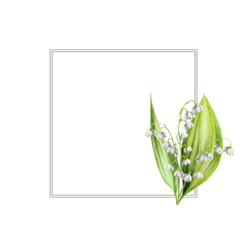 Watercolor frame with bouquet of lilies of the valley flowers isolated on white background. Spring hand painted illustration. For designers, wedding, decoration, postcards, wrapping paper, scrap