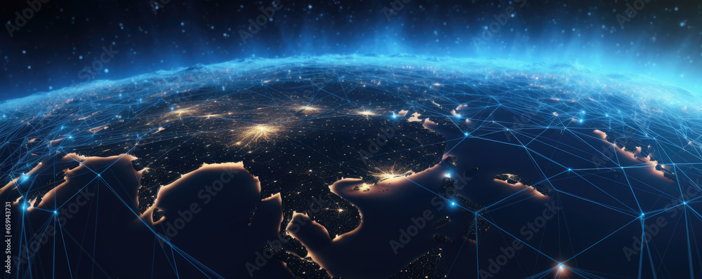 Poster map grid connection of the planet earth. global network design. technology net concept