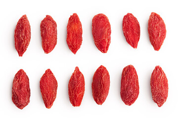 Dried goji berries isolated on white background. Top view. Flat lay.