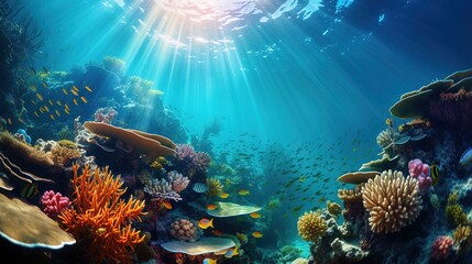Naklejka na ściany i meble Underwater view ecosystem. Marine life in tropical waters