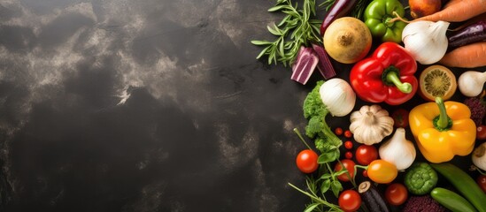 Top down view of vibrant organic vegetables on a grey stone countertop