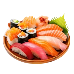  Sushi platter: Assorted sushi rolls and sashimi on a platter. isolated © olegganko