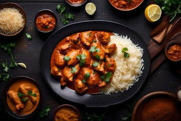 A plate of flavorful and aromatic Indian butter chicken with naan bread and basmati rice - AI Generative