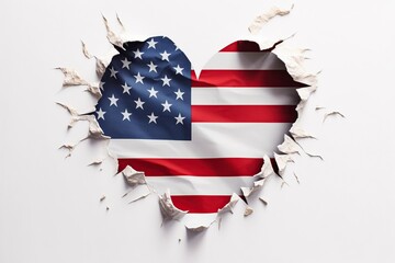 illustration, heart shaped hole with american flag - obrazy, fototapety, plakaty