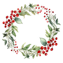 Watercolor mistletoe wreath with red berries and a wooden frame