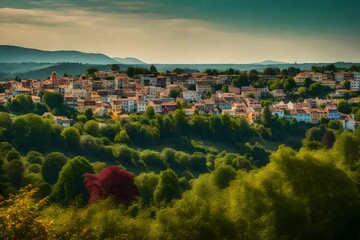 Obraz premium A VIEW FROM A HILL OF A COLORFUL TOWN WITH TREES - AI Generative