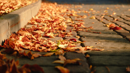 Autumn season atmosphere. Wind moves dry yellow fallen leaves lying on ground of park by curb. Low...