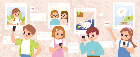 Children using social media with smartphones, posting and chatting. Cute toddlers with phones, doing likes and post photos, snugly vector concept