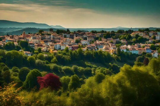 A VIEW FROM A HILL OF A COLORFUL TOWN WITH TREES - AI Generative