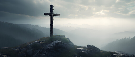 Holy cross symbolizing the death and resurrection of Jesus Christ with the sky over Golgotha Hill is shrouded in light and clouds. Apocalypse concept. - obrazy, fototapety, plakaty
