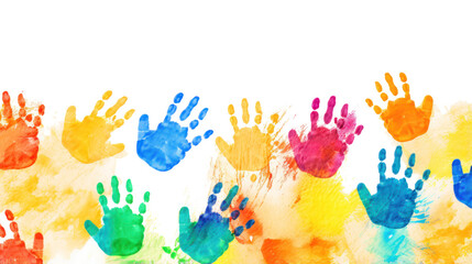 Colorful handprints on white background