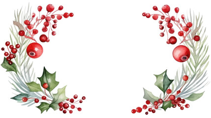 Festive watercolor Christmas wreath with red berries and a frame.