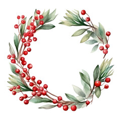Fototapeta premium Festive watercolor Christmas wreath with red berries and a frame.