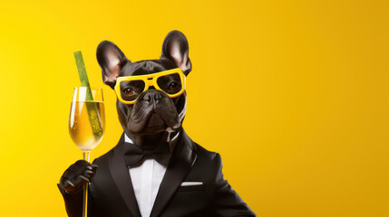 Lustige Bulldogge mit gelber Brille in einem Smoking. In der Hand ein Glas Sekt mit Riesenstrohhalm. Gelber Hintergrund mit Textfreiraum. - obrazy, fototapety, plakaty