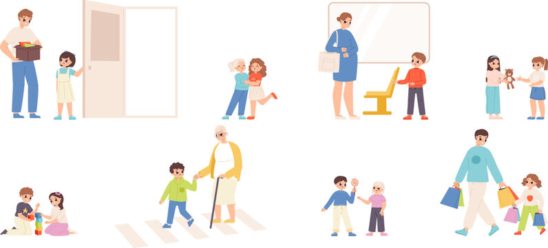 Good manners and polite kids. Cute good children in different situations in public transport and on street. Helping toddlers snugly vector scenes