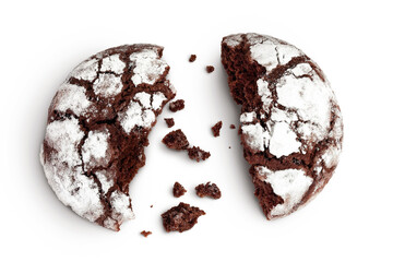 Chocolate brownie cookie isolated on white background. Top view. Flat lay