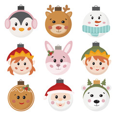 Set of hand drawn Christmas toys. Animals faces, S Santa Claus, Elf, cute Christmas balls for kids. Xmas glass toy. Holiday Christmas toy for fir tree. For invitation, poster, banner, flyer, placard.