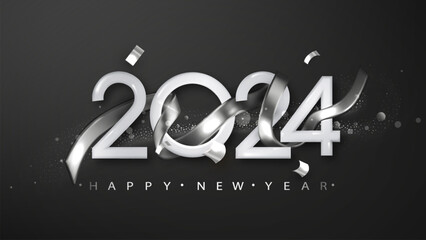 Happy New Year 2024 with silver realistic ribbon on black background. Vector realistic holiday illustration for Christmas holiday.