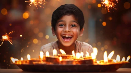 Fotobehang Fröhlich lachender indischer Junge, mit vielen Kerzen, zum hinduistischen Lichterfest Diwali. © Fotosphaere