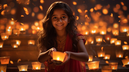 Fröhlich lachendes indisches Mädchen, mit vielen Kerzen, zum hinduistischen Lichterfest Diwali.