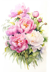 Obraz na płótnie Canvas Generative AI, watercolor illustration of flowers, peonies, roses, pink color, plants, drawing, bouquet, background, postcard, space for text, white background, garden, bloom, spring, Valentine's day