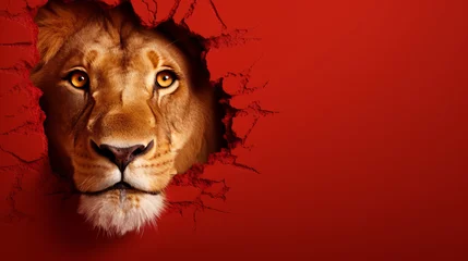Fotobehang Ein Löwe bricht mit dem Kopf durch eine rote Wand. © Fotosphaere